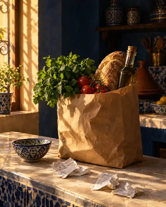 Sac de courses avec menthe, pain et tomates sur un comptoir en zellige, quelques tickets de caisse à côté