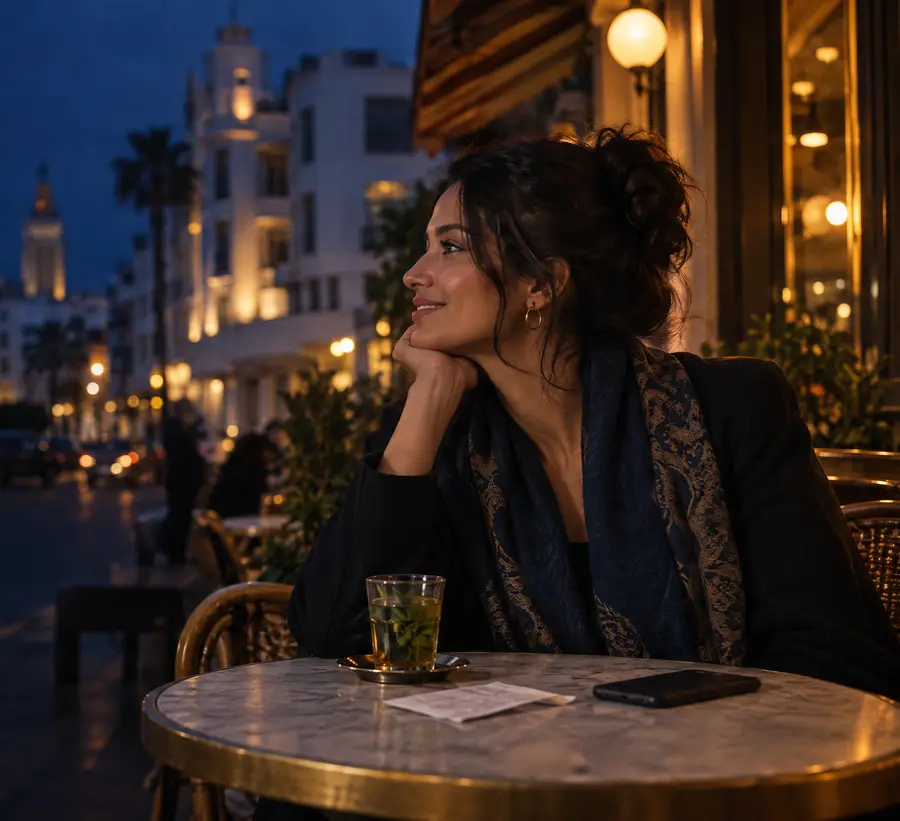 Une femme sourit à la terrasse d’un café de Casablanca à la tombée de la nuit, un verre de thé à la menthe sur la table