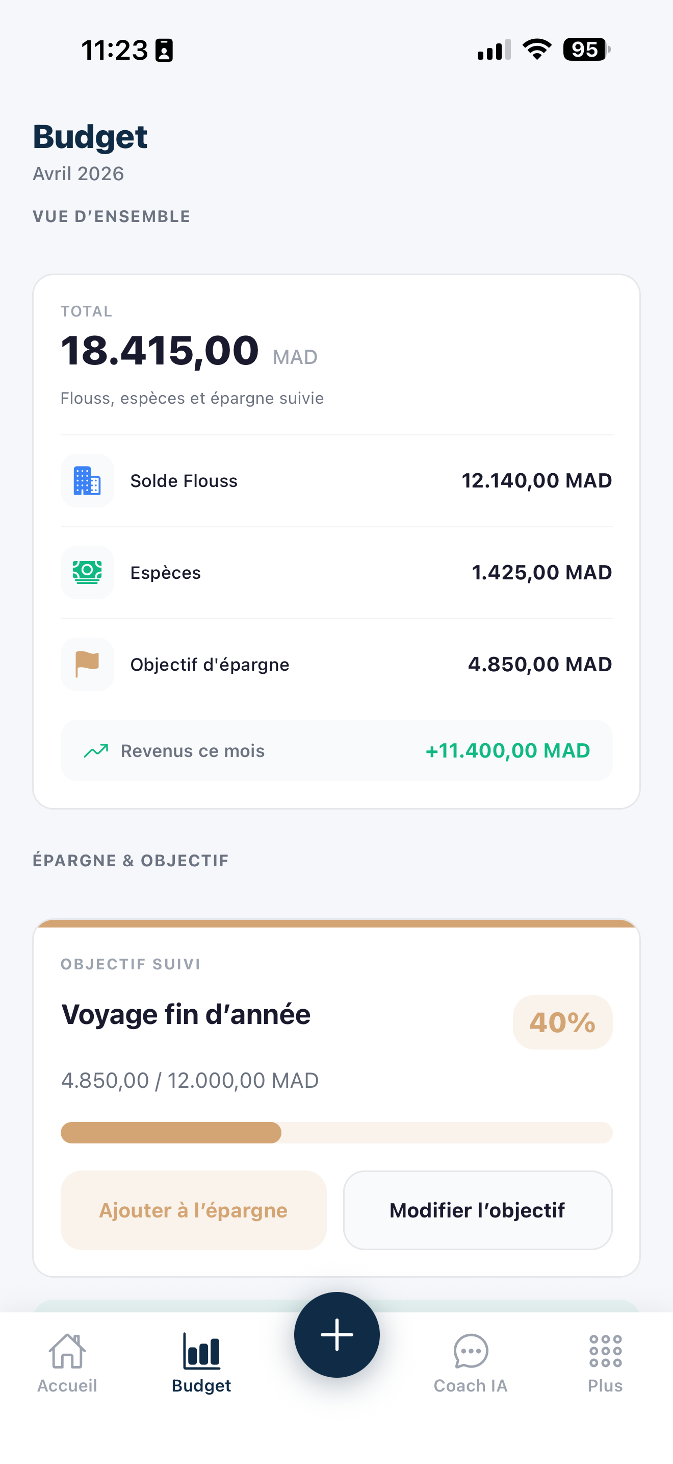Flouss - onglet Budget, synthèse du mois et reste à dépenser